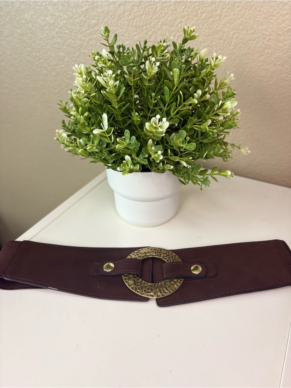 Vintage Boho Wide Elastic Cinch Waist Belt Brown Faux Leather Gold Ring Belt